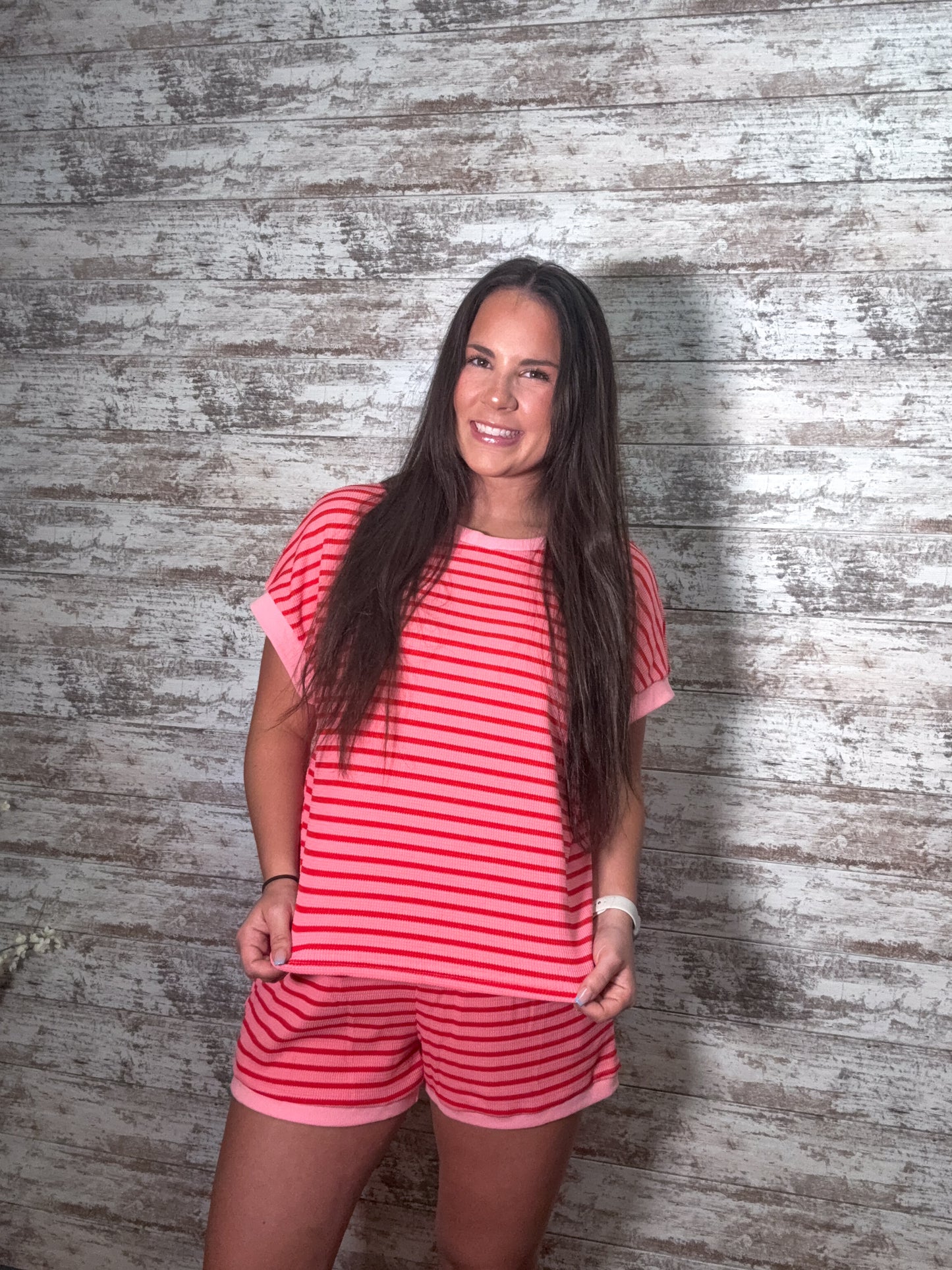 Striped Short Sleeve Top & Shorts Lounge Set - Dark Pink