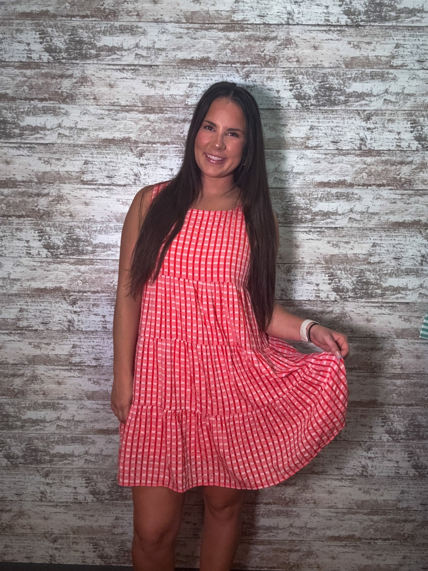 Sleeveless Gingham Red Tiered Dress