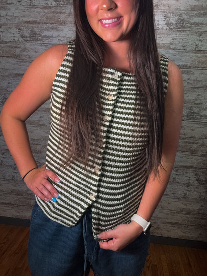 Striped Button Front Sleeveless Tank Top - Green