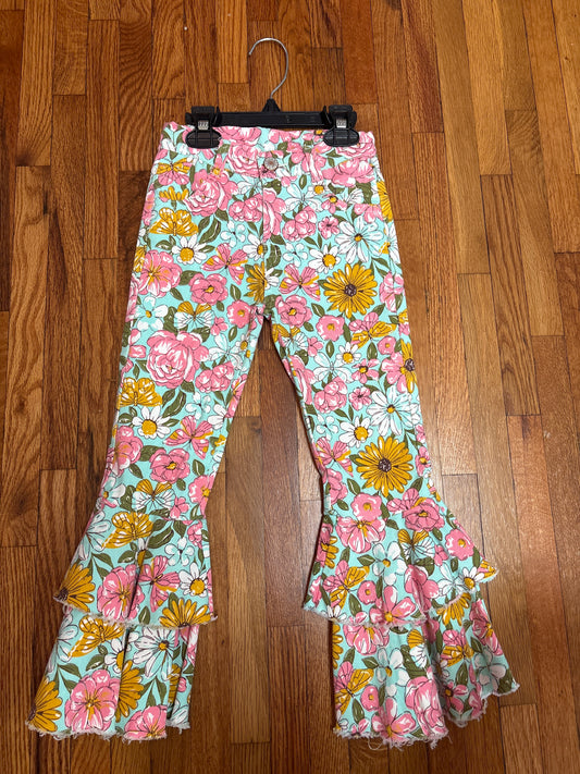 Kids Flower Double Ruffle Denim Jeans