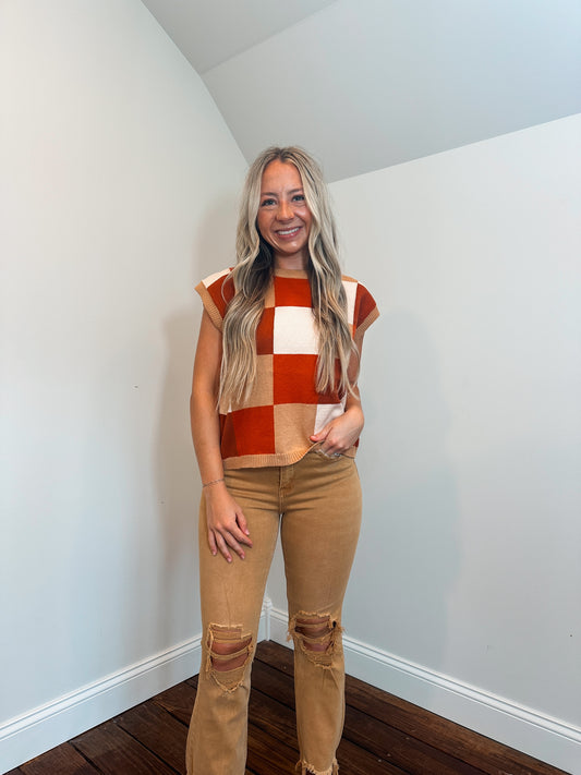 brown multi sweater vest