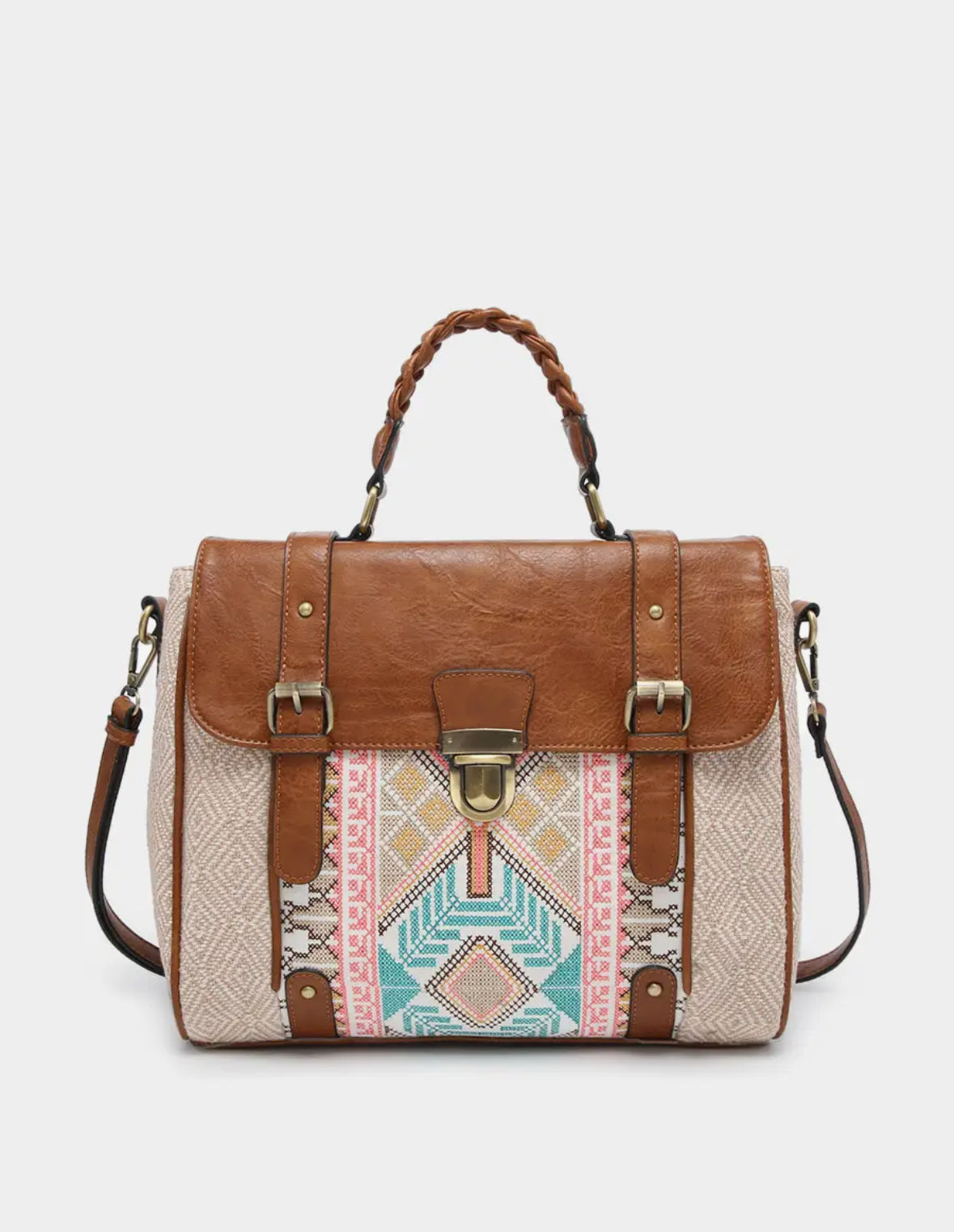Harlow Aztec Embroidered Satchel Taupe/Mint