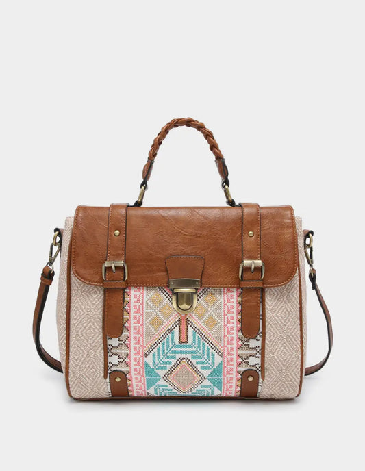 Harlow Aztec Embroidered Satchel Taupe/Mint
