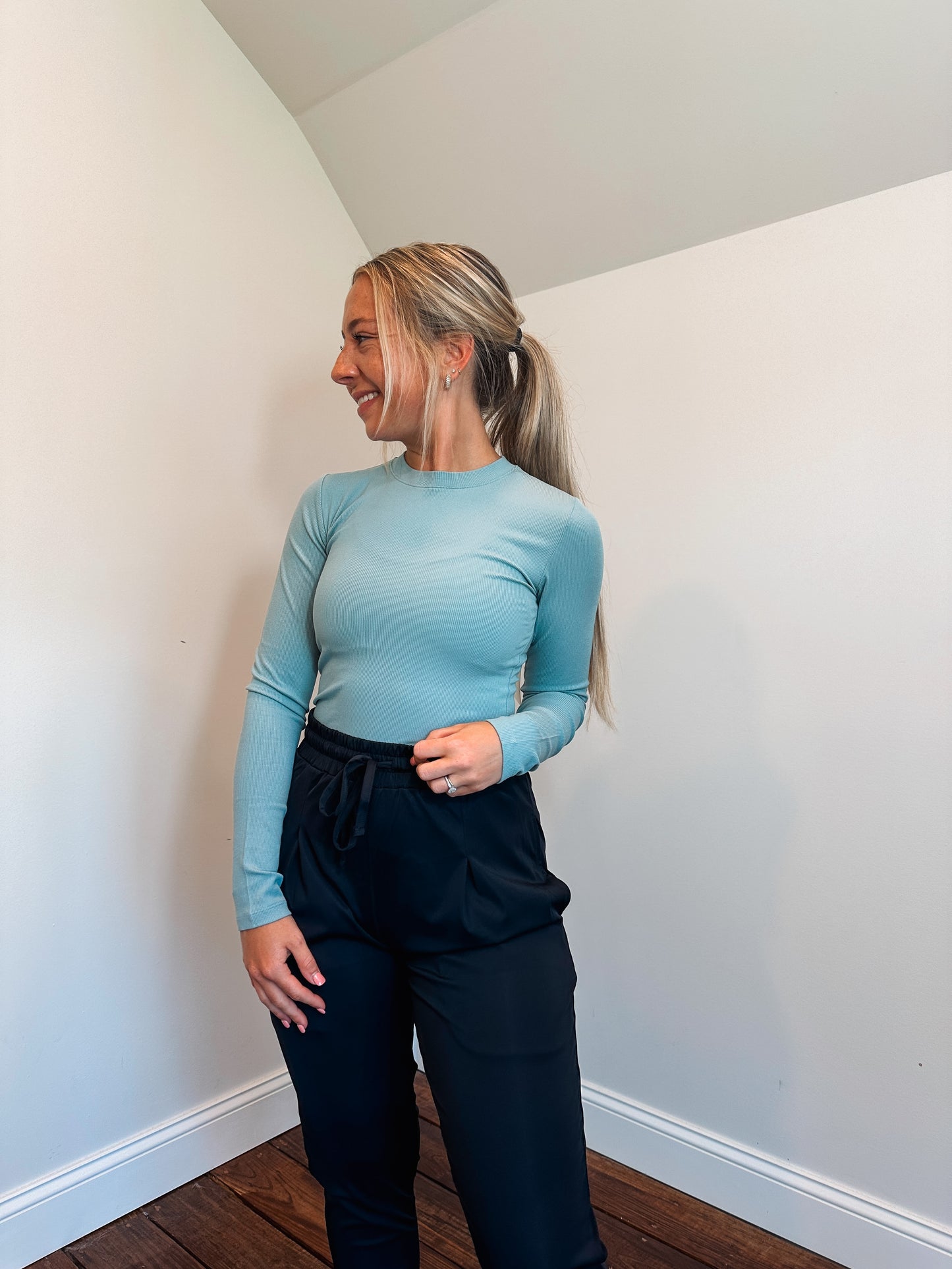 long sleeve smokey blue top