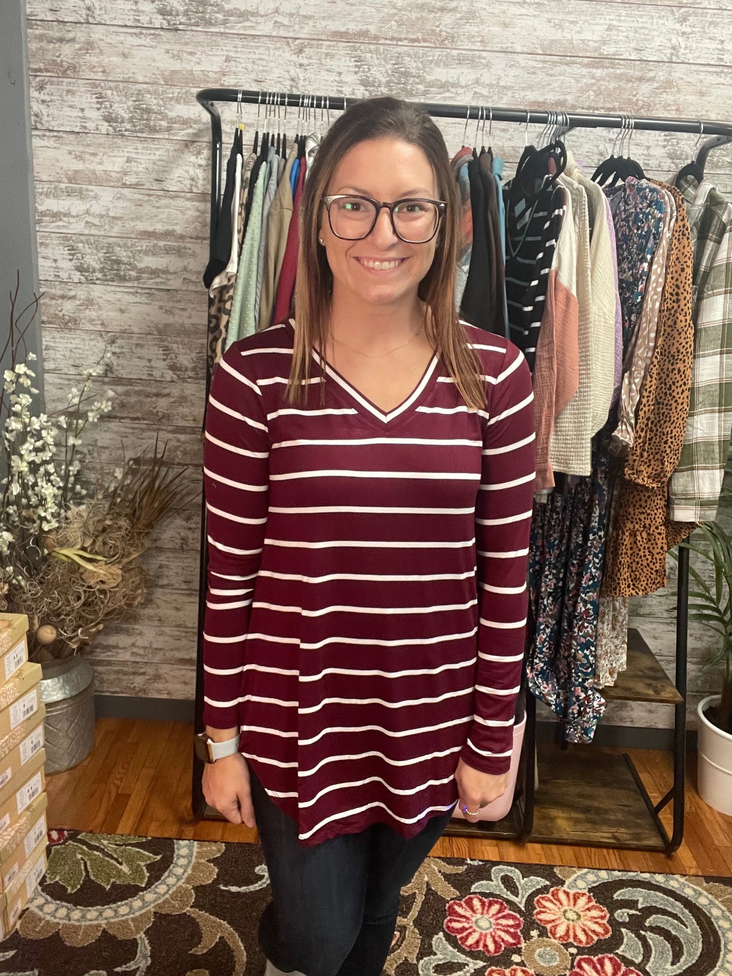 Striped V Neck Dolphin Hem Top