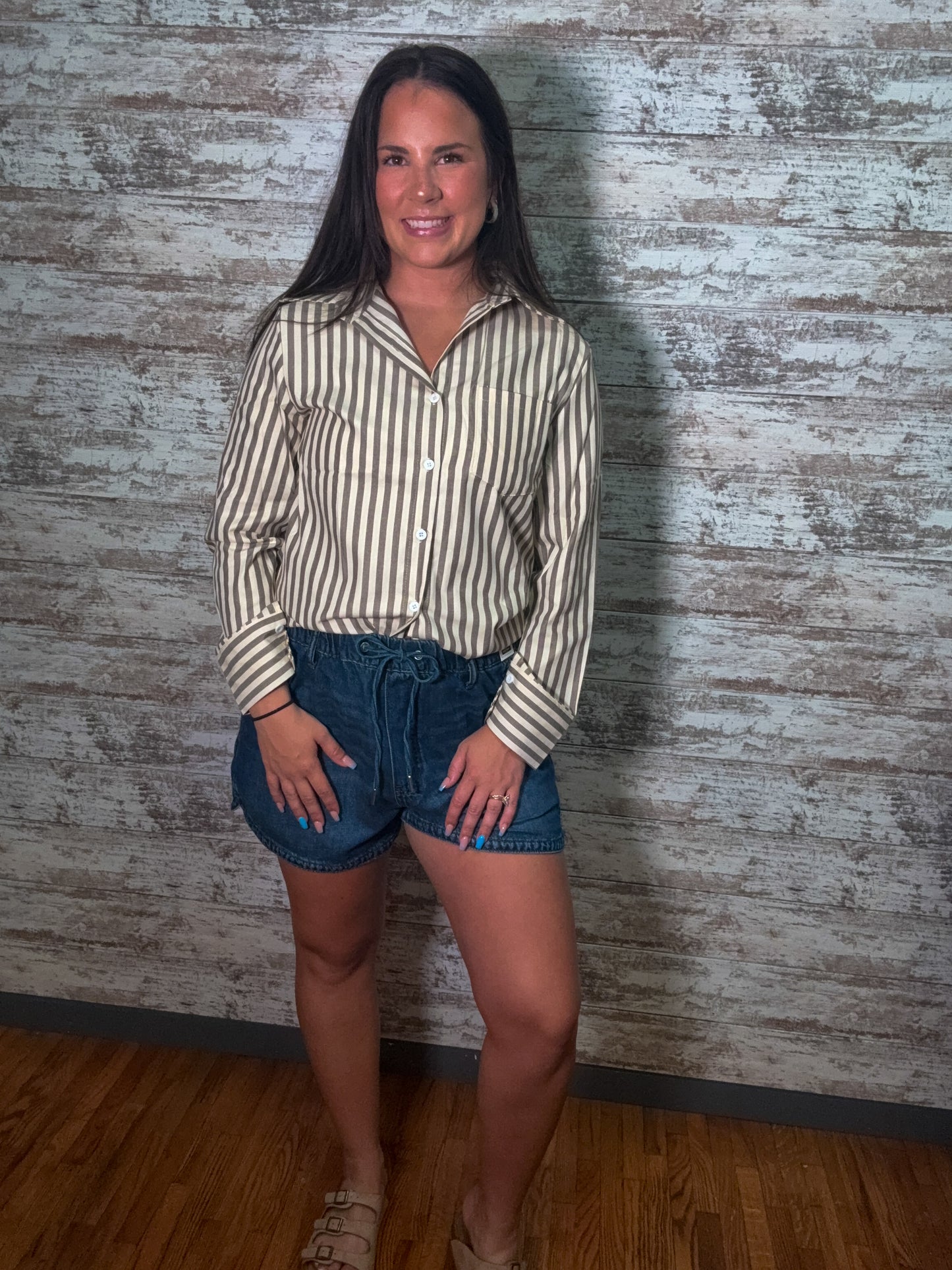 Striped Button Down Casual Blouse - Khaki