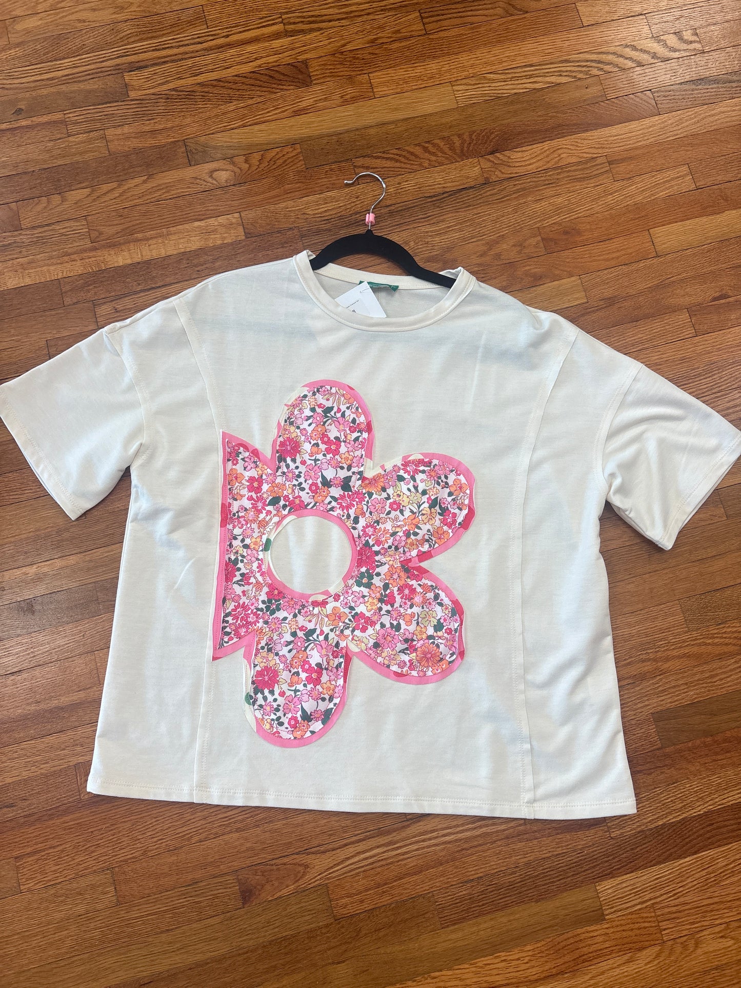 Floral Patched Raw Seam Big Flower Oversized Tee