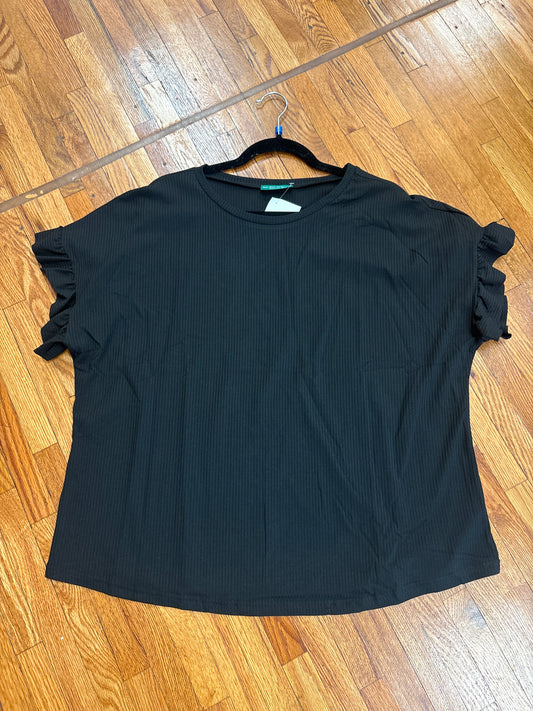 Ribbed Ruffled Short Sleeve T Shirt - Black
