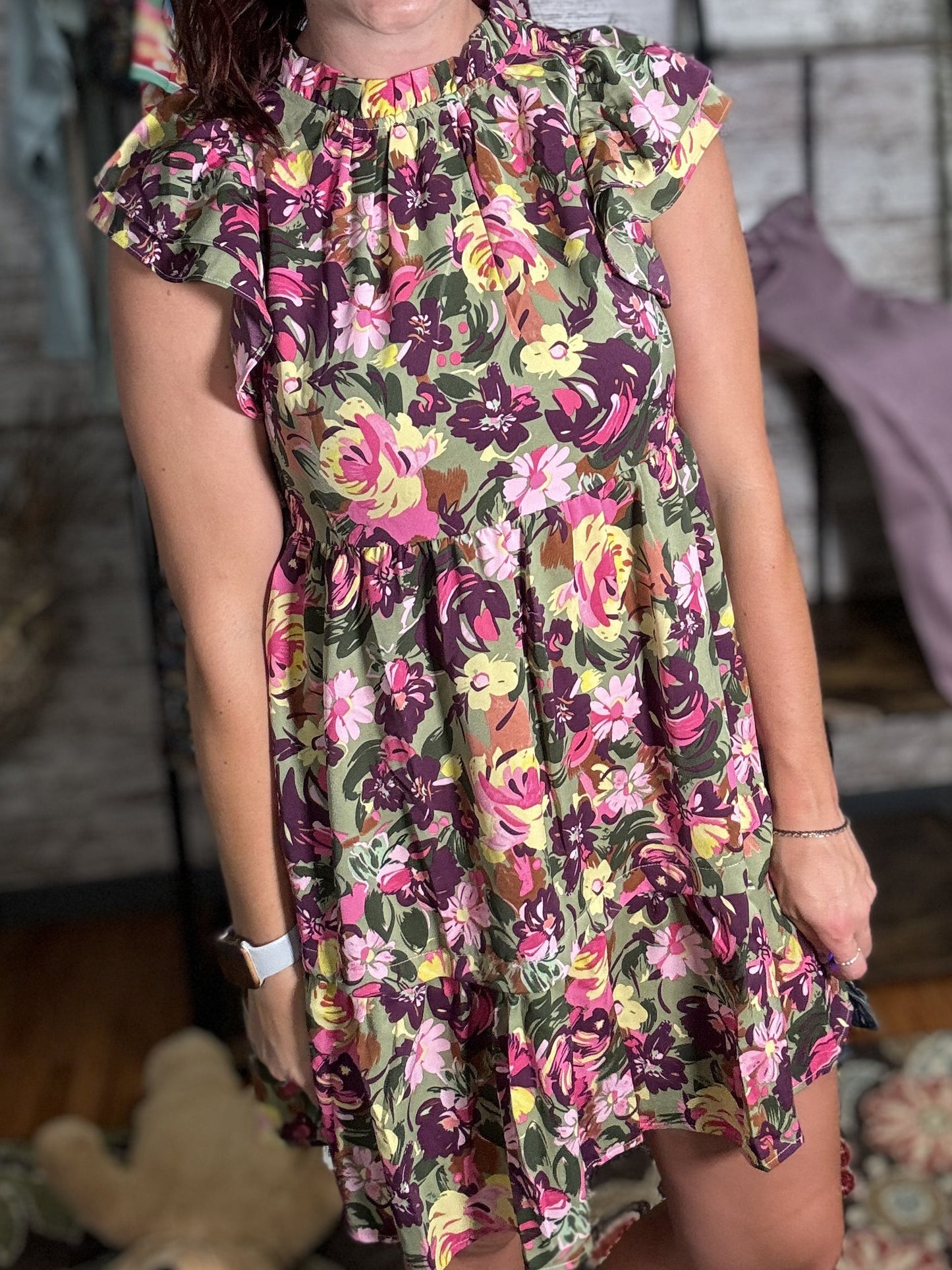 Floral Flutter Sleeve Frilled Neck Mini Dress