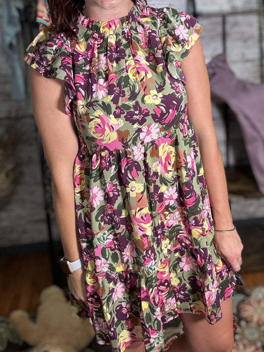 Floral Flutter Sleeve Frilled Neck Mini Dress