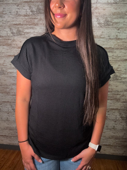 Casual Ribbed Knit Short Sleeve Loose Fit Top - Black