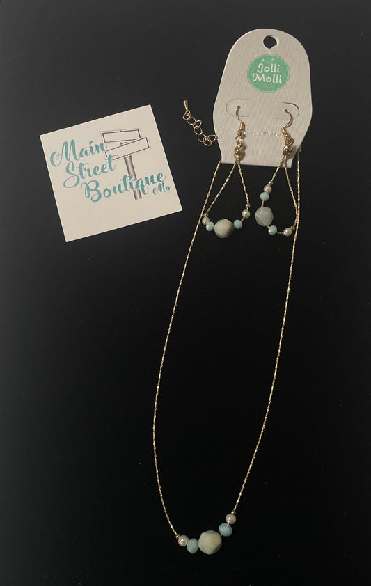 Blue Bead Necklace Earring Set