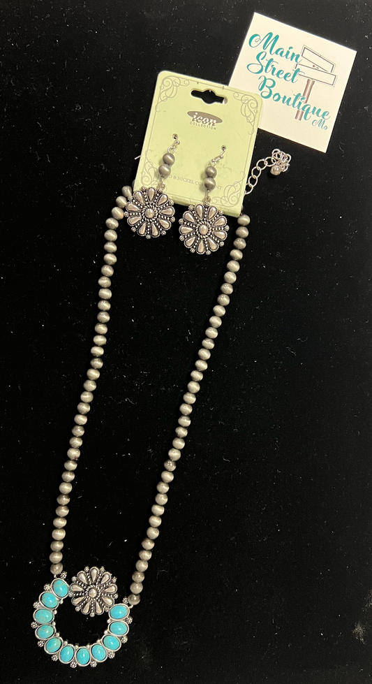 Western Concho with 18" Stone Pendant Necklace Set