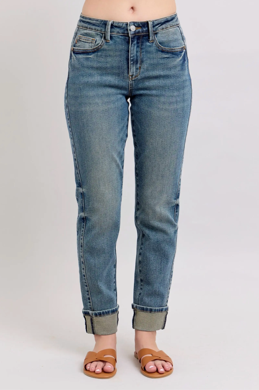 Judy Blue Mid-Rise Vintage Wash Cuffed Boyfriend Jeans