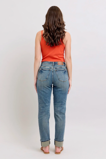 Judy Blue Mid-Rise Vintage Wash Cuffed Boyfriend Jeans