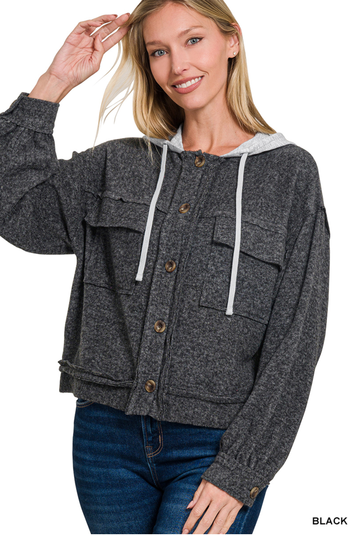 BRUSHED HACCI HOODED BUTTON-DOWN SHACKET