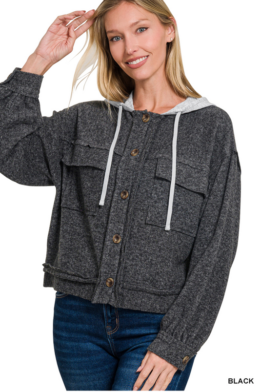 BRUSHED HACCI HOODED BUTTON-DOWN SHACKET