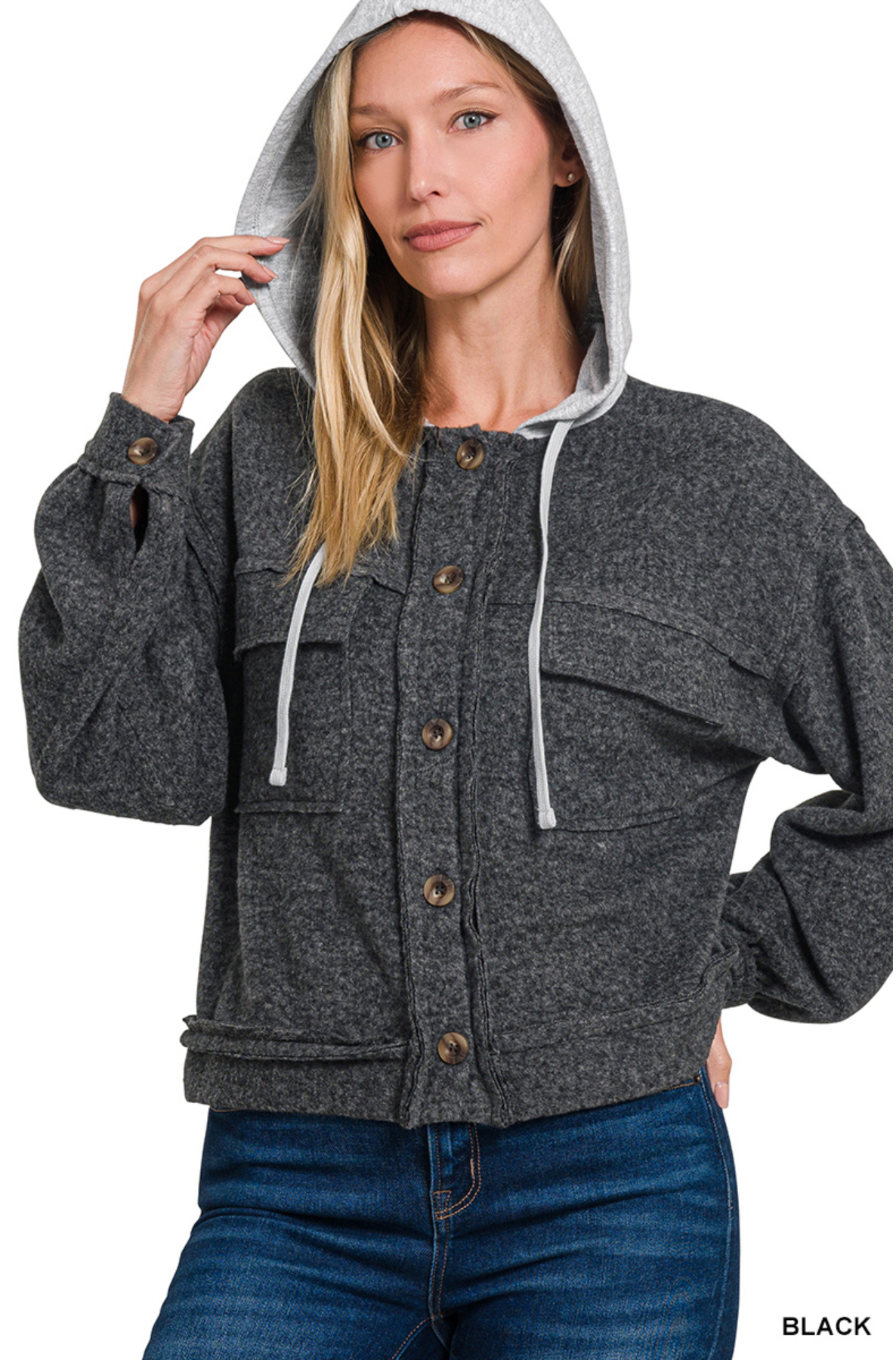 BRUSHED HACCI HOODED BUTTON-DOWN SHACKET