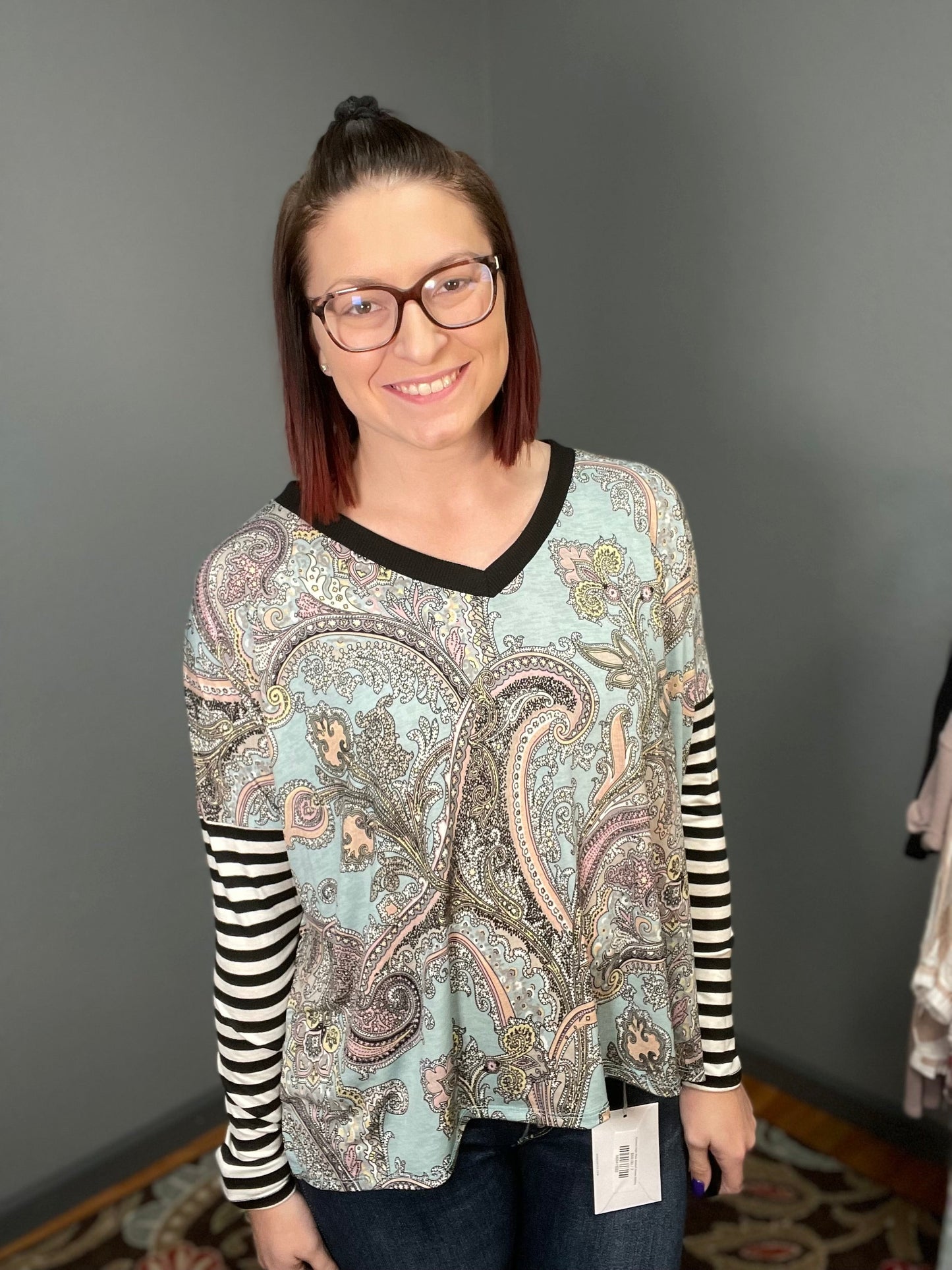 V Neck Paisley Top with Contrasting Sleeves