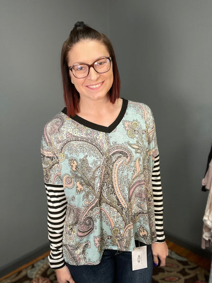 V Neck Paisley Top with Contrasting Sleeves
