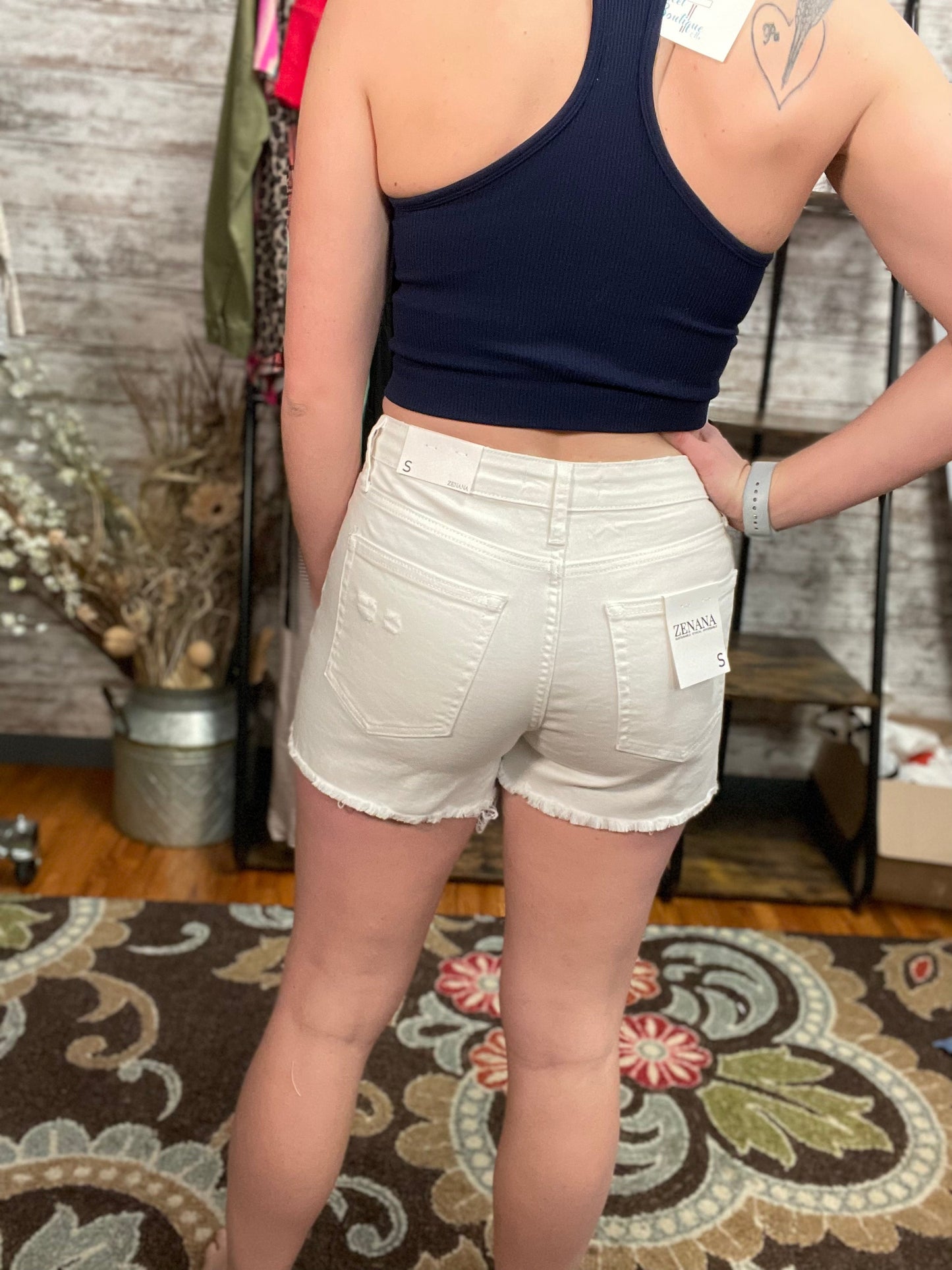 Zenana White Button Fly Denim Shorts