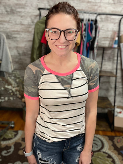 Camo & Stripe Mixed Print Top