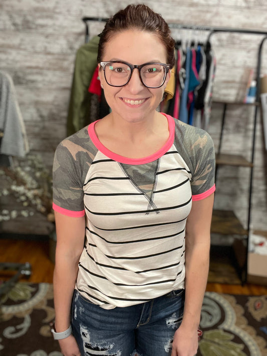 Camo & Stripe Mixed Print Top