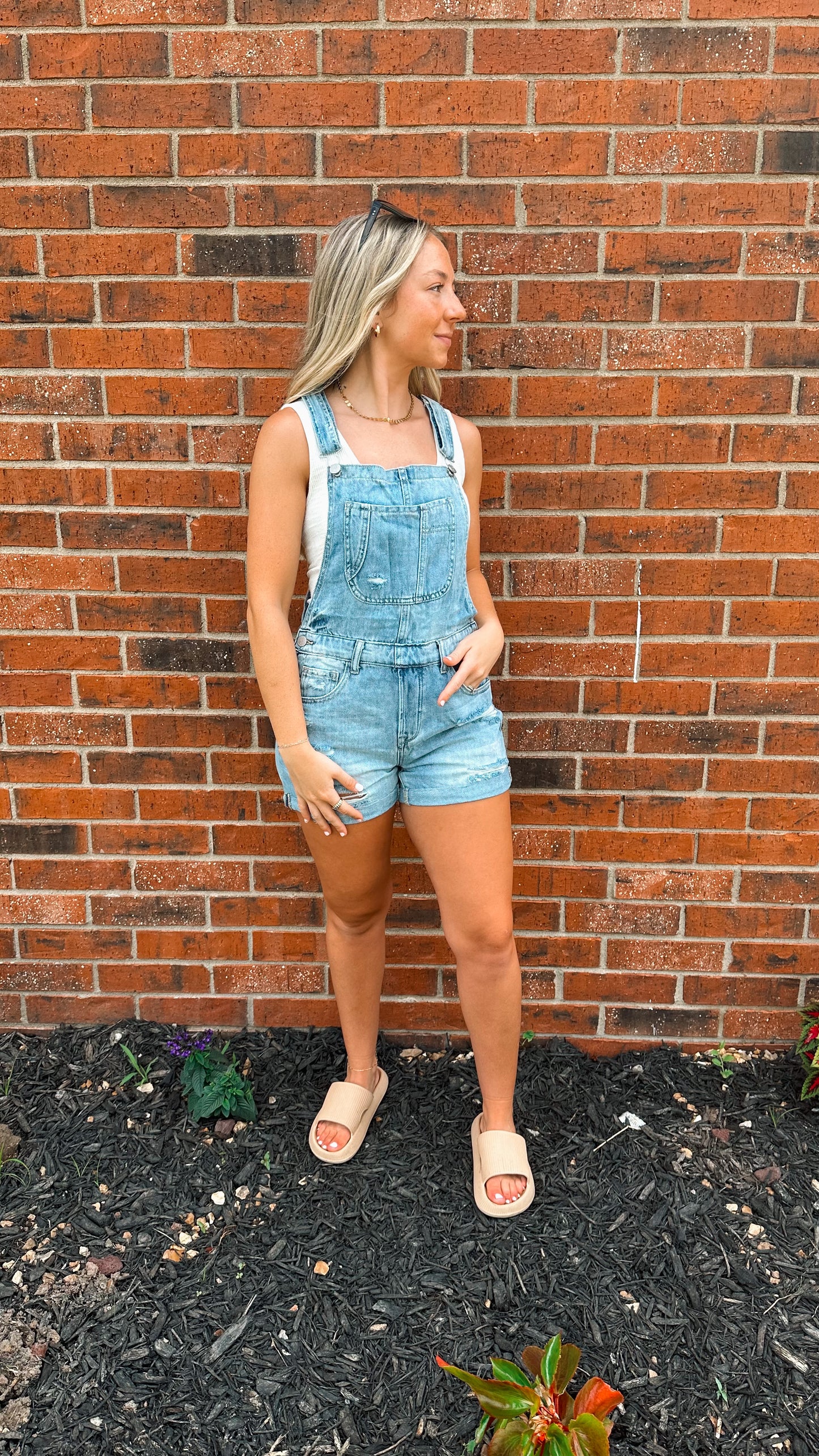 high rise denim overall romper