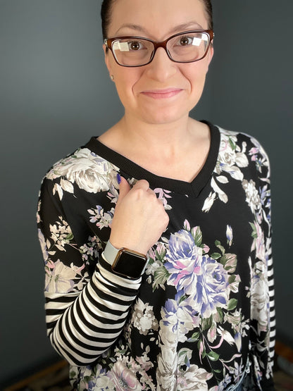 V Neck Floral Top with Contrasting Sleeves