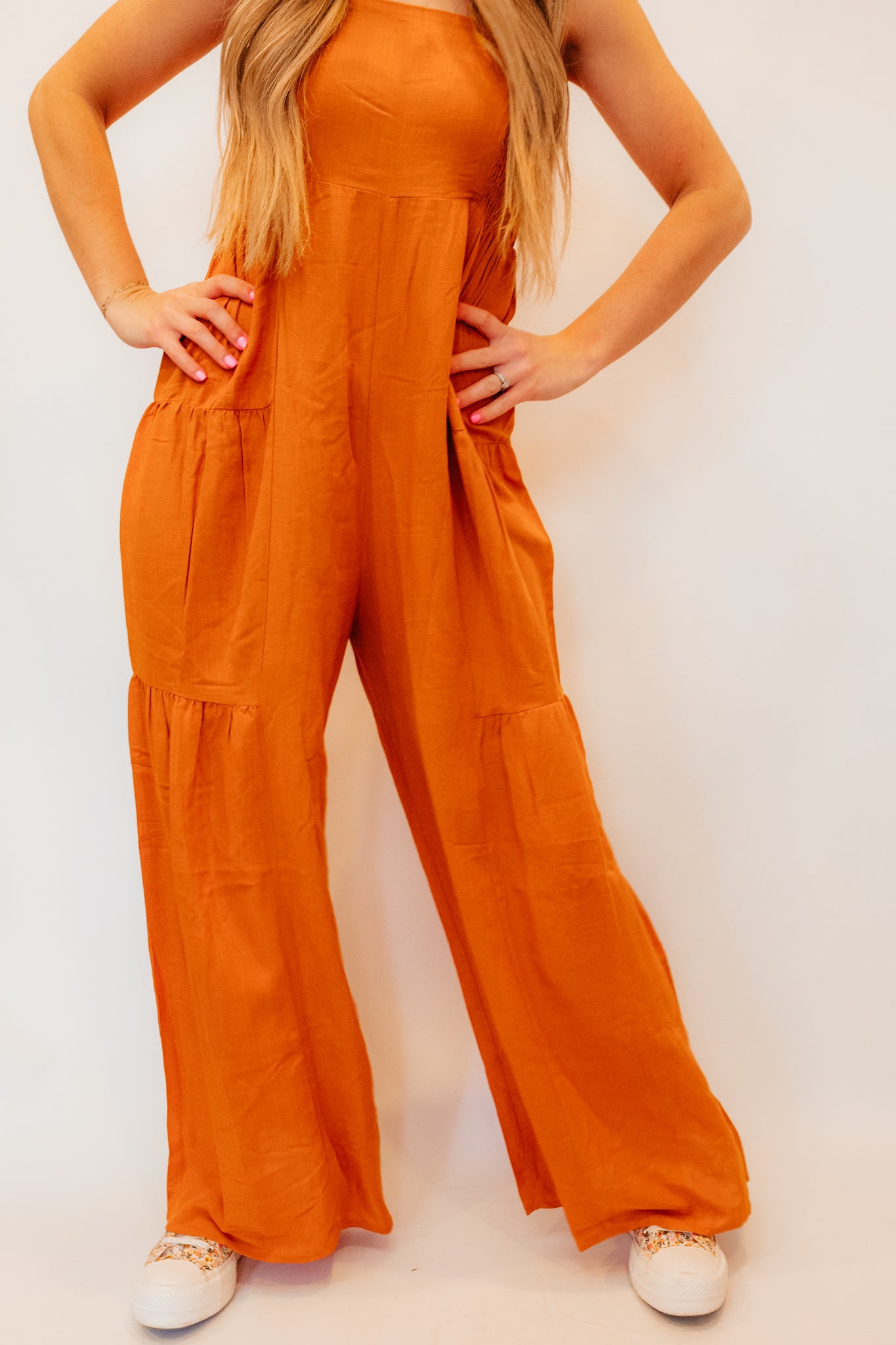 orange woven multi-tier jumpsuit