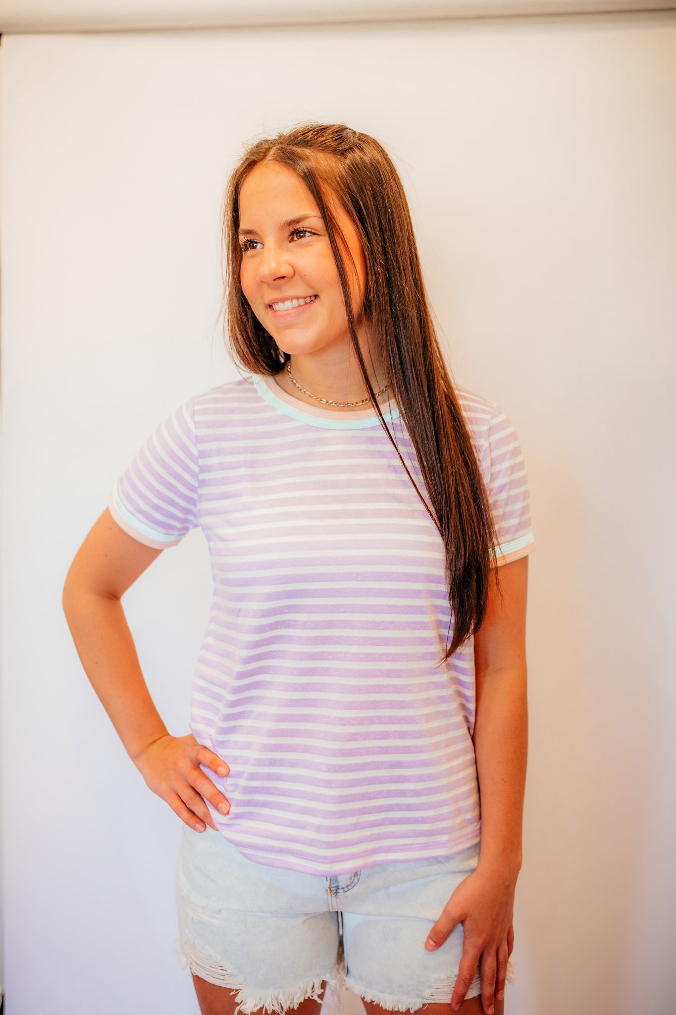 purple striped shirt