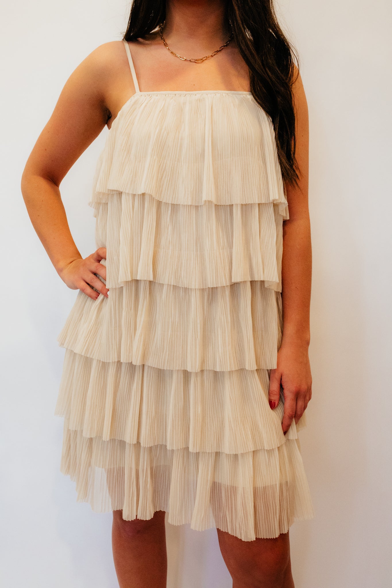 champagne ruffle dress