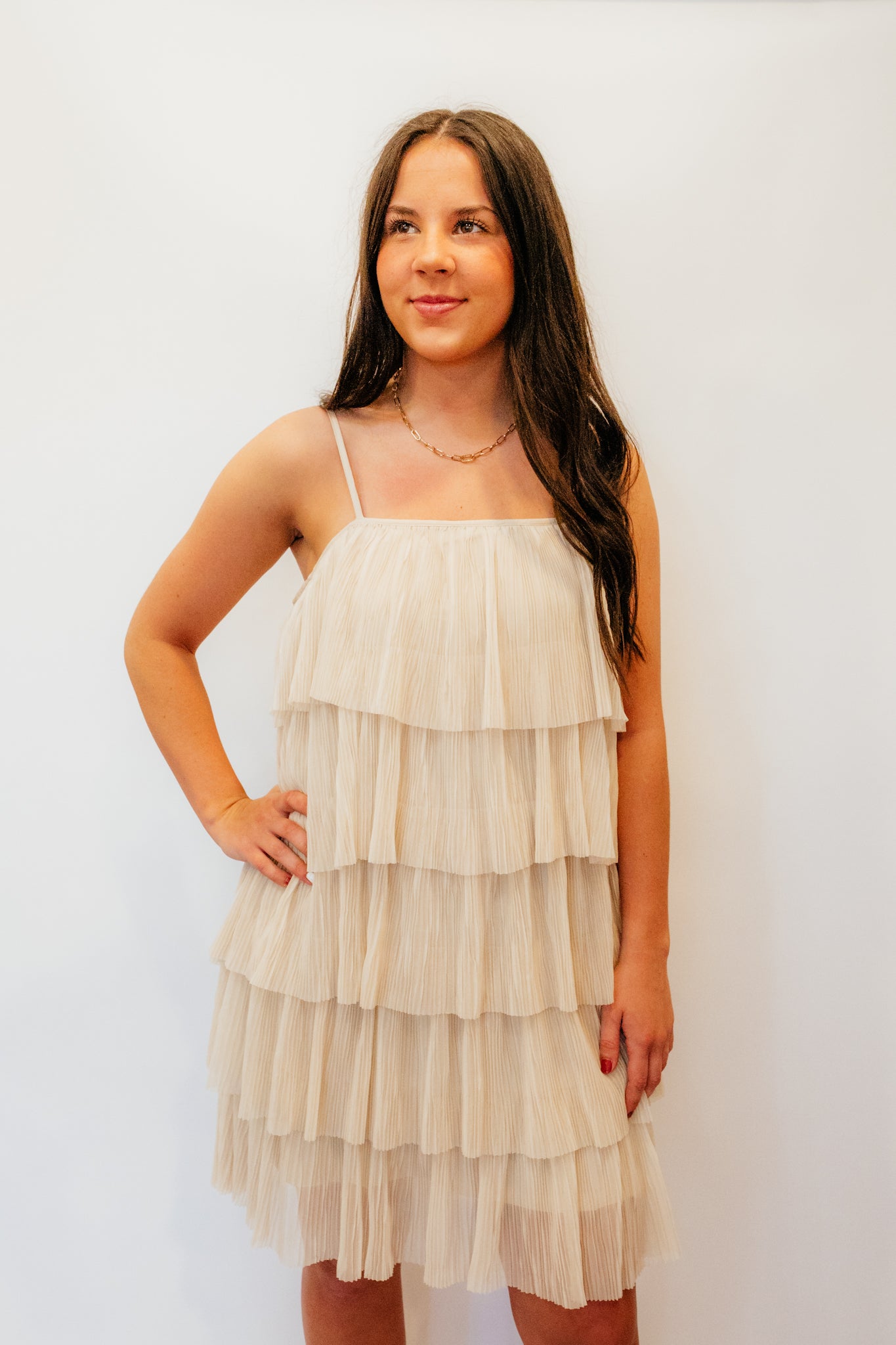 champagne ruffle dress