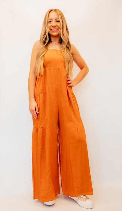 orange woven multi-tier jumpsuit