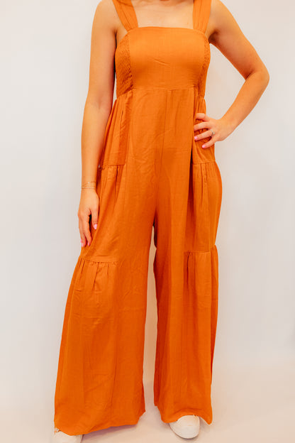 orange woven multi-tier jumpsuit