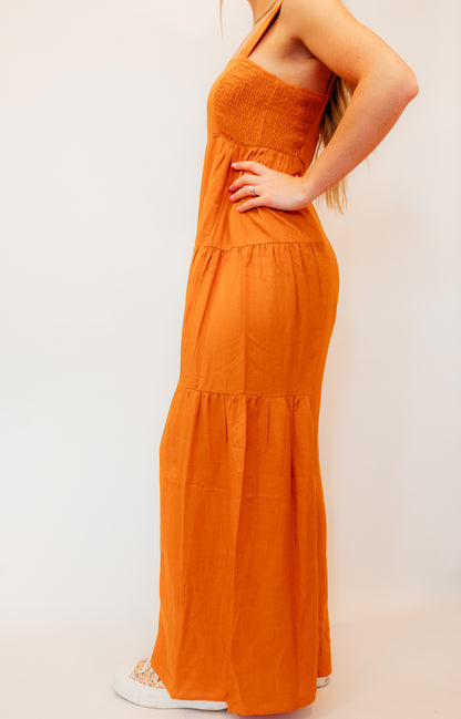 orange woven multi-tier jumpsuit