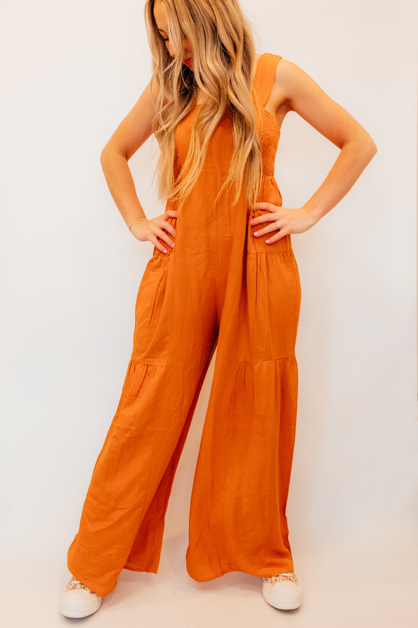 orange woven multi-tier jumpsuit